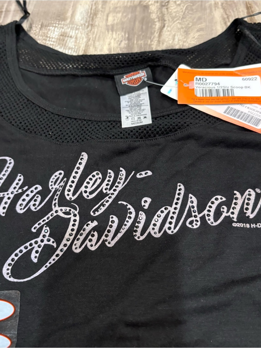 Harley Davidson Black Fishnet Trim Metal Studded Women’s M Idaho Falls Teton - Picture 2 of 12